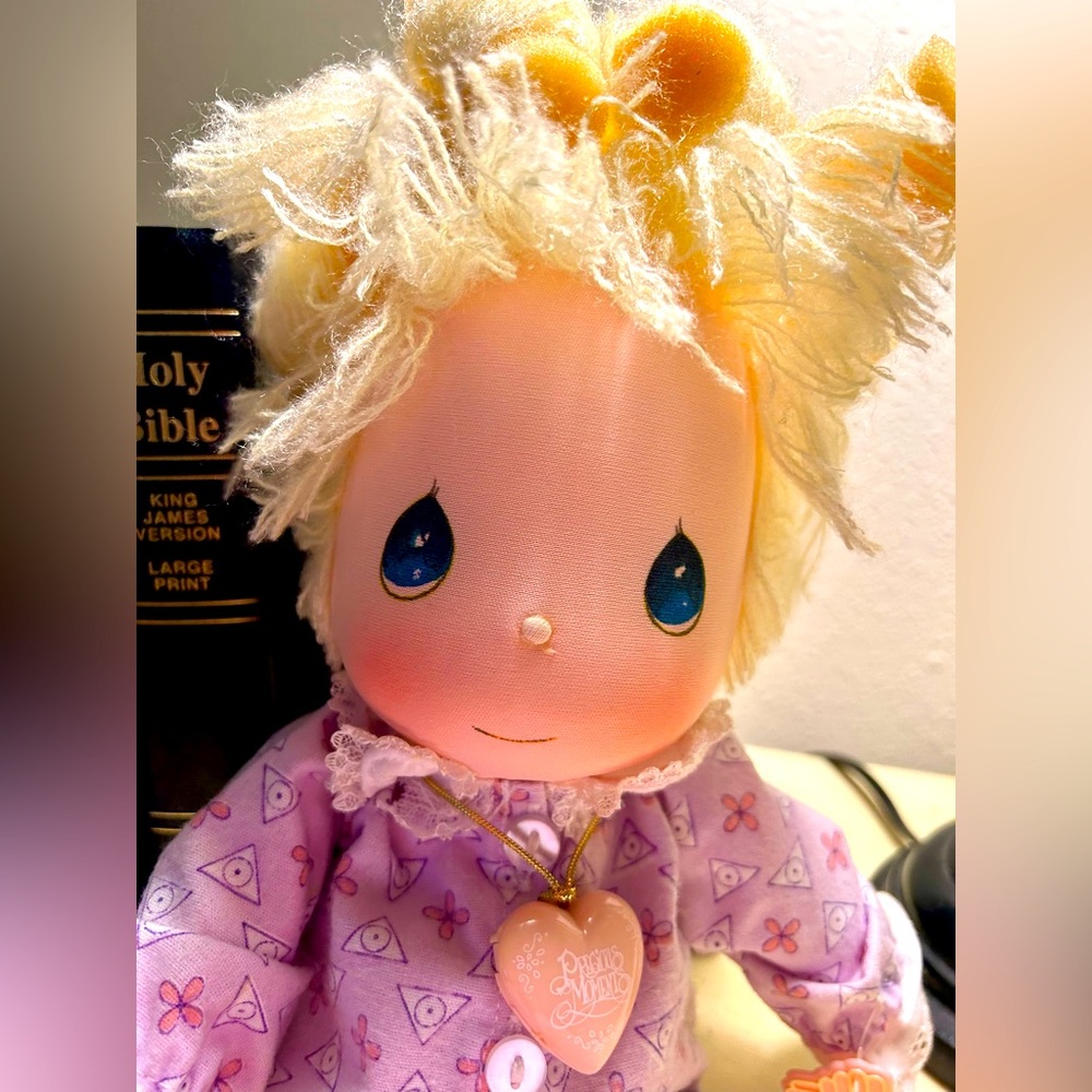 1985 Precious Moments Doll with pj’s, hair in rollers, fuzzy slippers.